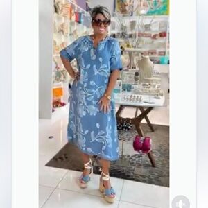 Puro Lino 100% Linen Made in Italy Blue and White Floral Midi Dress Size OS